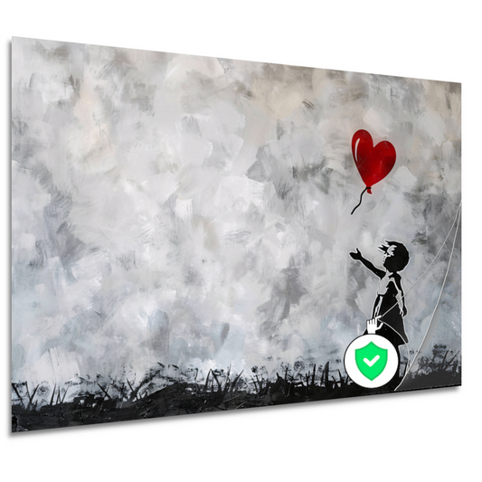 Silhouet van meisje met rode ballon tegen abstracte achtergrond poster