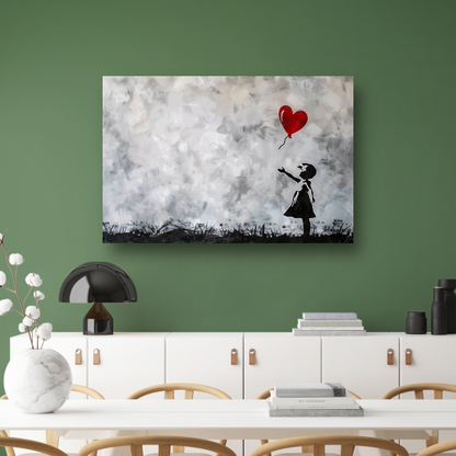 Silhouet van meisje met rode ballon tegen abstracte achtergrond poster