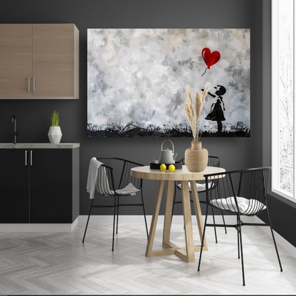 Silhouet van meisje met rode ballon tegen abstracte achtergrond poster