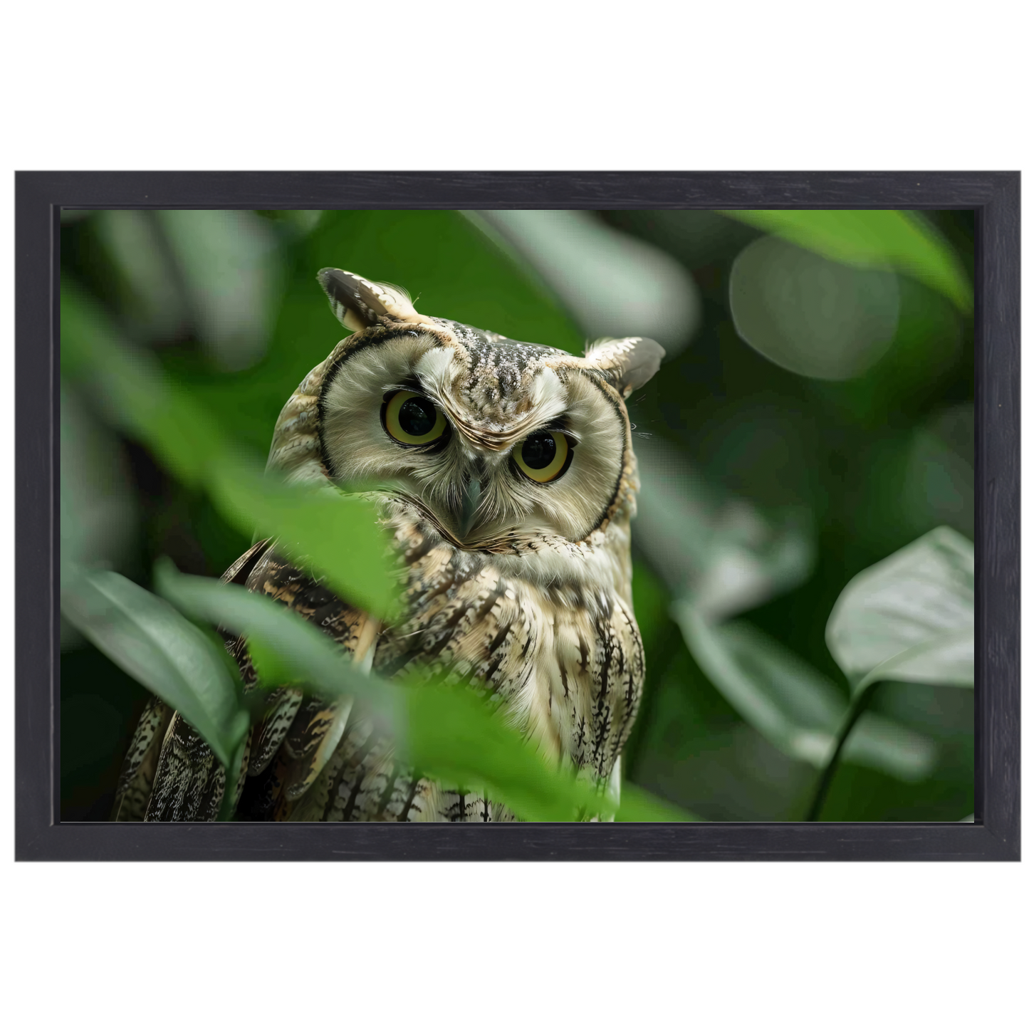 Uil tussen het groen van de jungle canvas met baklijst