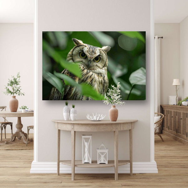 Uil tussen het groen van de jungle canvas