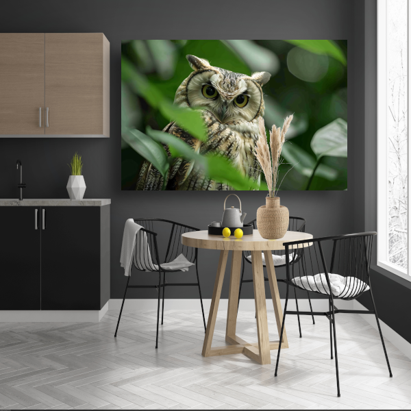 Uil tussen het groen van de jungle canvas