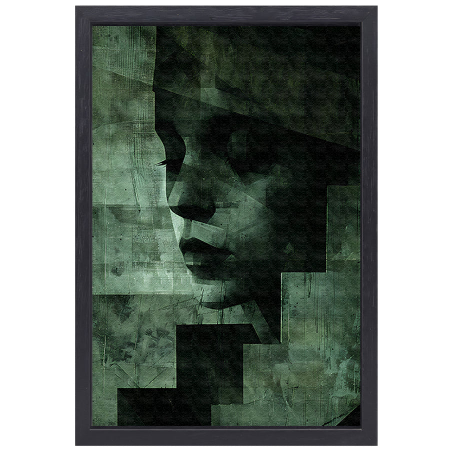 Gelaagd Abstract in Groen en Zwart canvas met baklijst