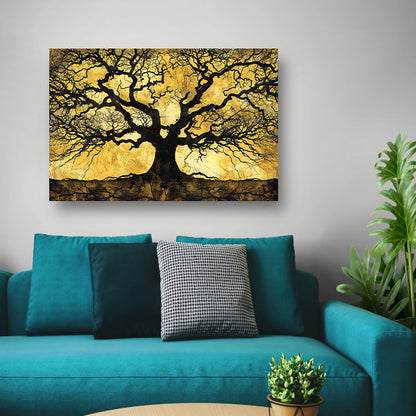 Boom met abstracte takken op goud canvas met baklijst