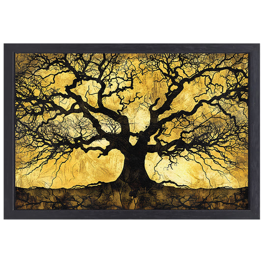 Boom met abstracte takken op goud canvas met baklijst