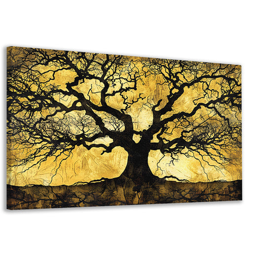 Boom met abstracte takken op goud canvas