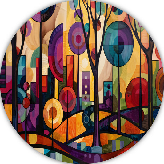 Kleurrijke Abstracte Stadsbomen in Dynamiek aluminium muurcirkel