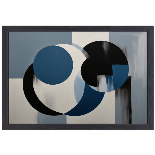 Geometrische abstractie in zwart, wit en blauw canvas met baklijst
