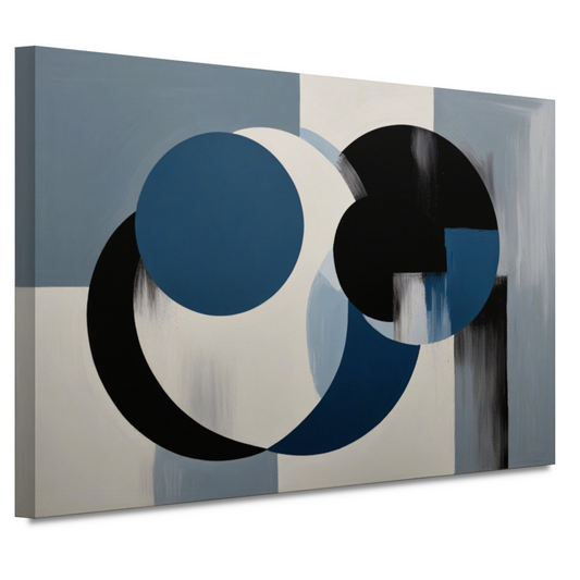 Geometrische abstractie in zwart, wit en blauw canvas