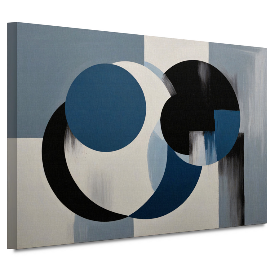 Geometrische abstractie in zwart, wit en blauw canvas