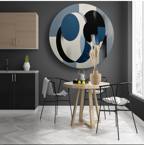 Geometrische abstractie in zwart, wit en blauw aluminium muurcirkel