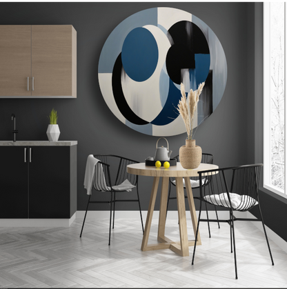 Geometrische abstractie in zwart, wit en blauw aluminium muurcirkel
