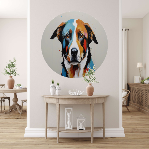 Levendige Popart Hond in Moderne Kleuren aluminium muurcirkel
