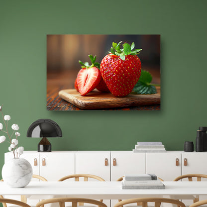 Aardbei op houten snijplank canvas met baklijst