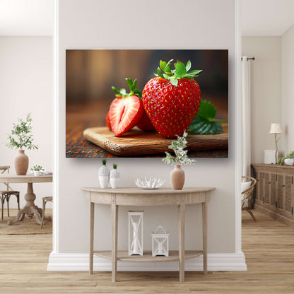 Aardbei op houten snijplank canvas met baklijst