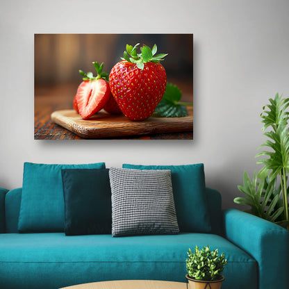 Aardbei op houten snijplank canvas met baklijst