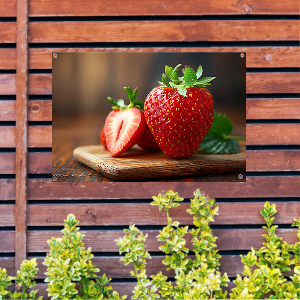 Aardbei op houten snijplank tuinposter