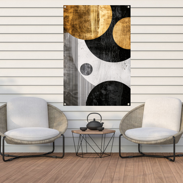 Abstracte Symmetrie in Zwart, Wit en Goud tuinposter