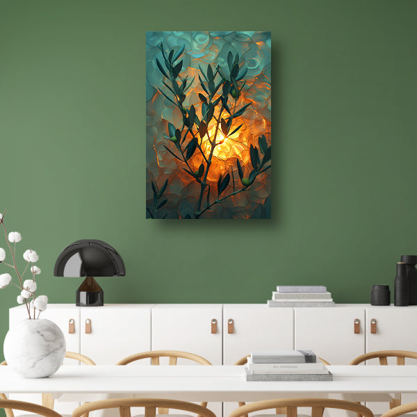 Olijftak in zonnig licht met golvende achtergrond canvas