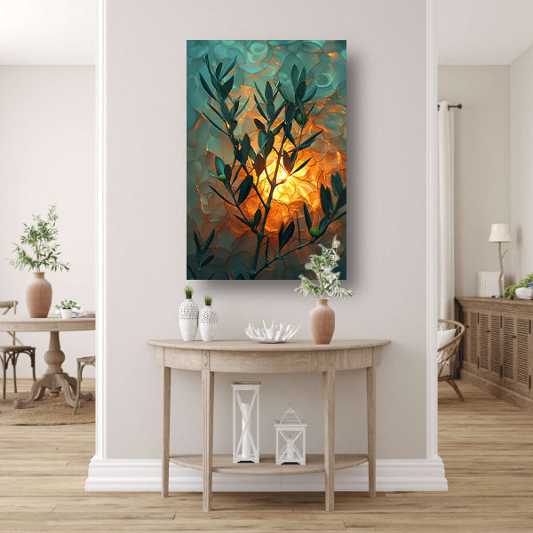 Olijftak in zonnig licht met golvende achtergrond canvas