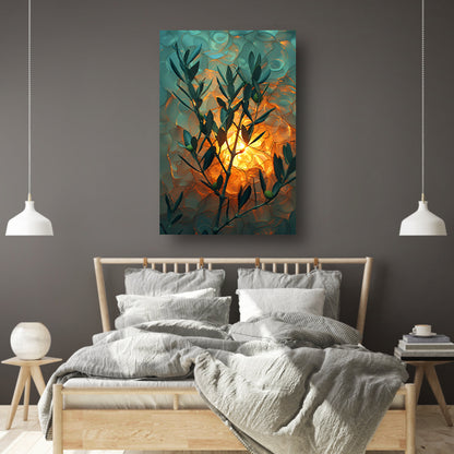 Olijftak in zonnig licht met golvende achtergrond canvas