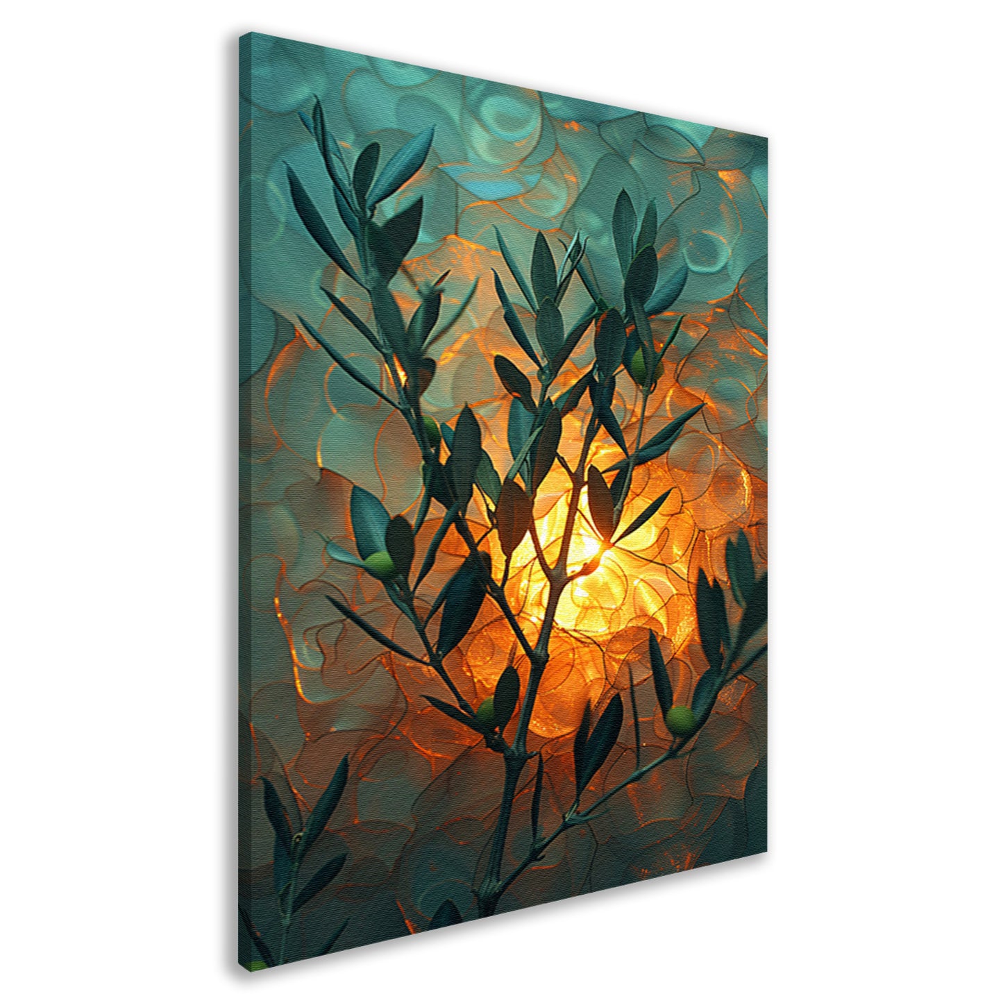 Olijftak in zonnig licht met golvende achtergrond canvas