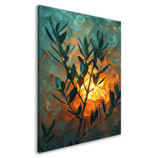 Olijftak in zonnig licht met golvende achtergrond canvas