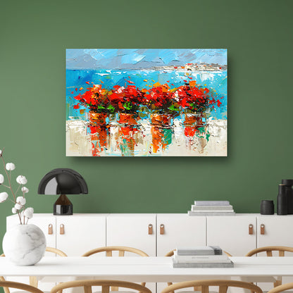 Kleurrijke bloemen met zee op achtergrond poster