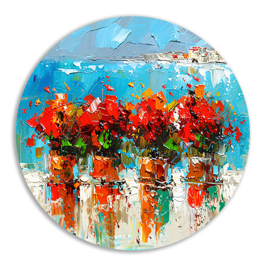 Kleurrijke bloemen met zee op achtergrond aluminium muurcirkel