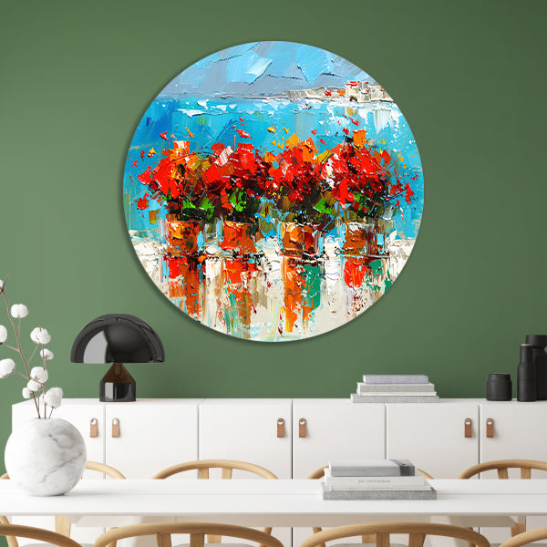 Kleurrijke bloemen met zee op achtergrond aluminium muurcirkel