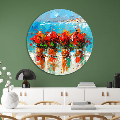 Kleurrijke bloemen met zee op achtergrond aluminium muurcirkel