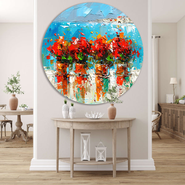Kleurrijke bloemen met zee op achtergrond aluminium muurcirkel