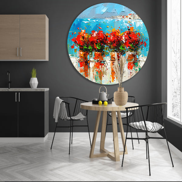 Kleurrijke bloemen met zee op achtergrond aluminium muurcirkel