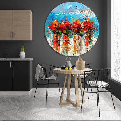 Kleurrijke bloemen met zee op achtergrond aluminium muurcirkel