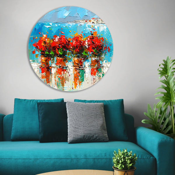 Kleurrijke bloemen met zee op achtergrond aluminium muurcirkel