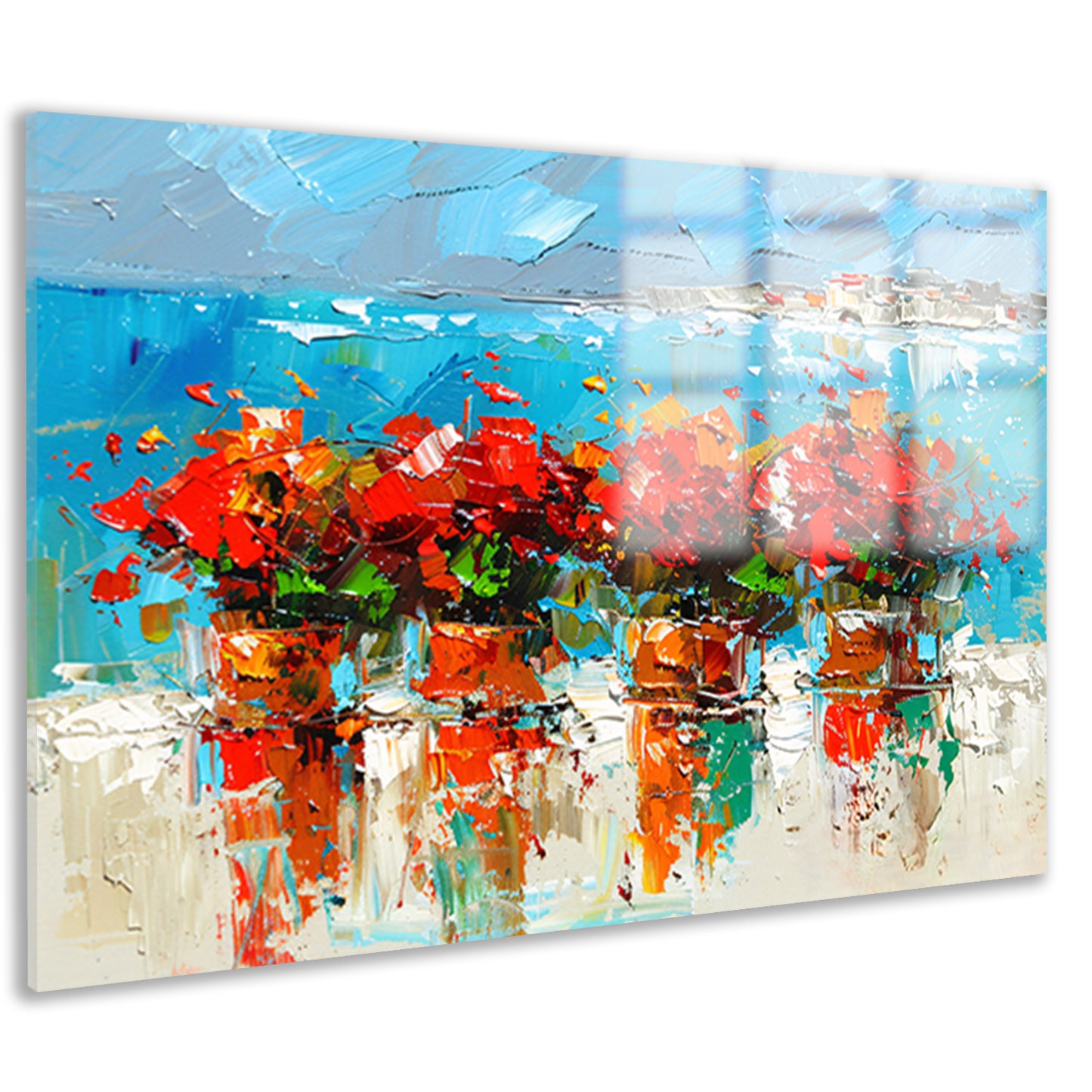 Kleurrijke bloemen met zee op achtergrond acrylglas