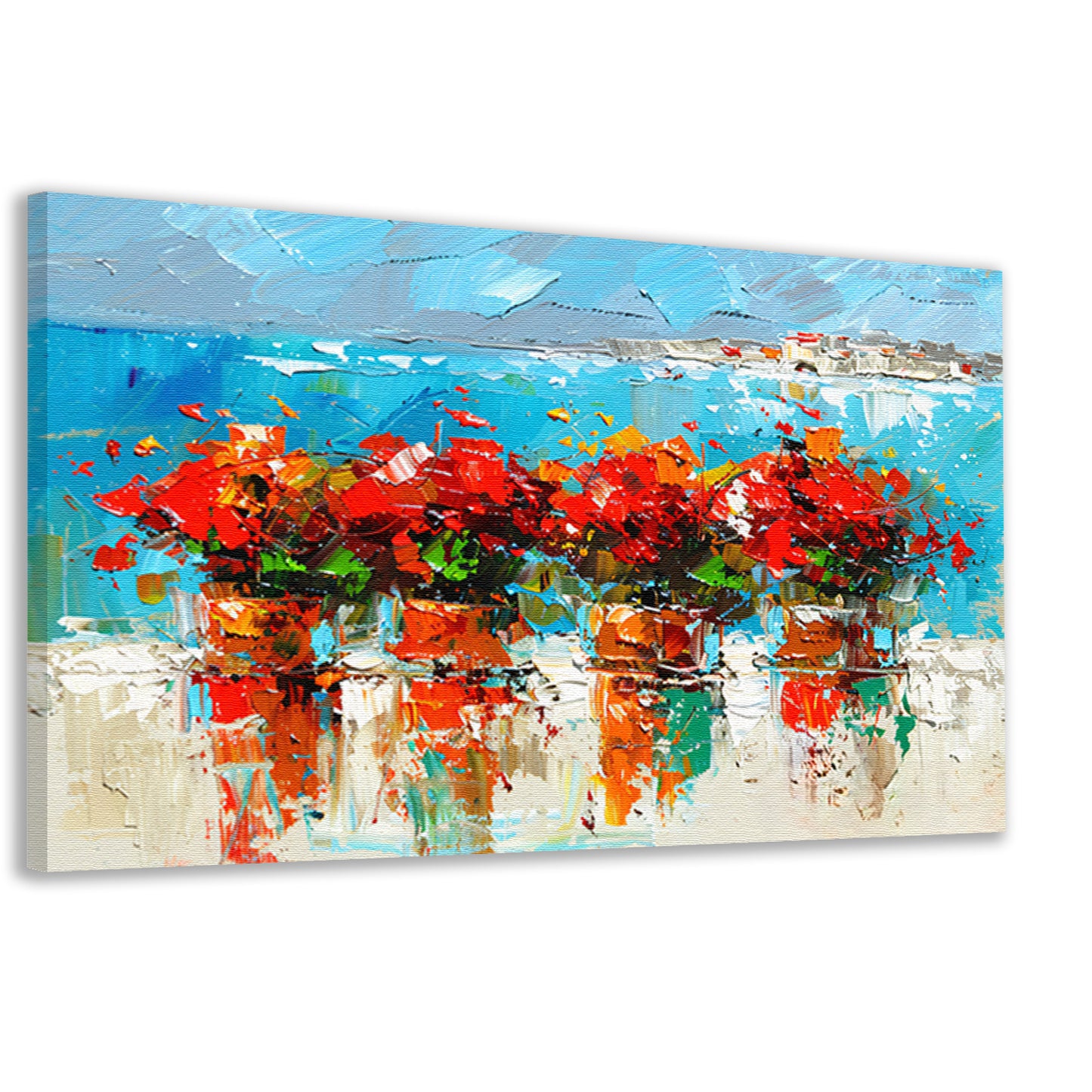 Kleurrijke bloemen met zee op achtergrond canvas