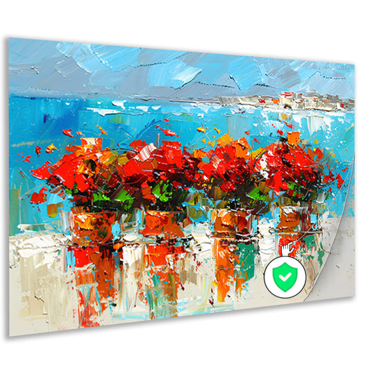 Kleurrijke bloemen met zee op achtergrond poster