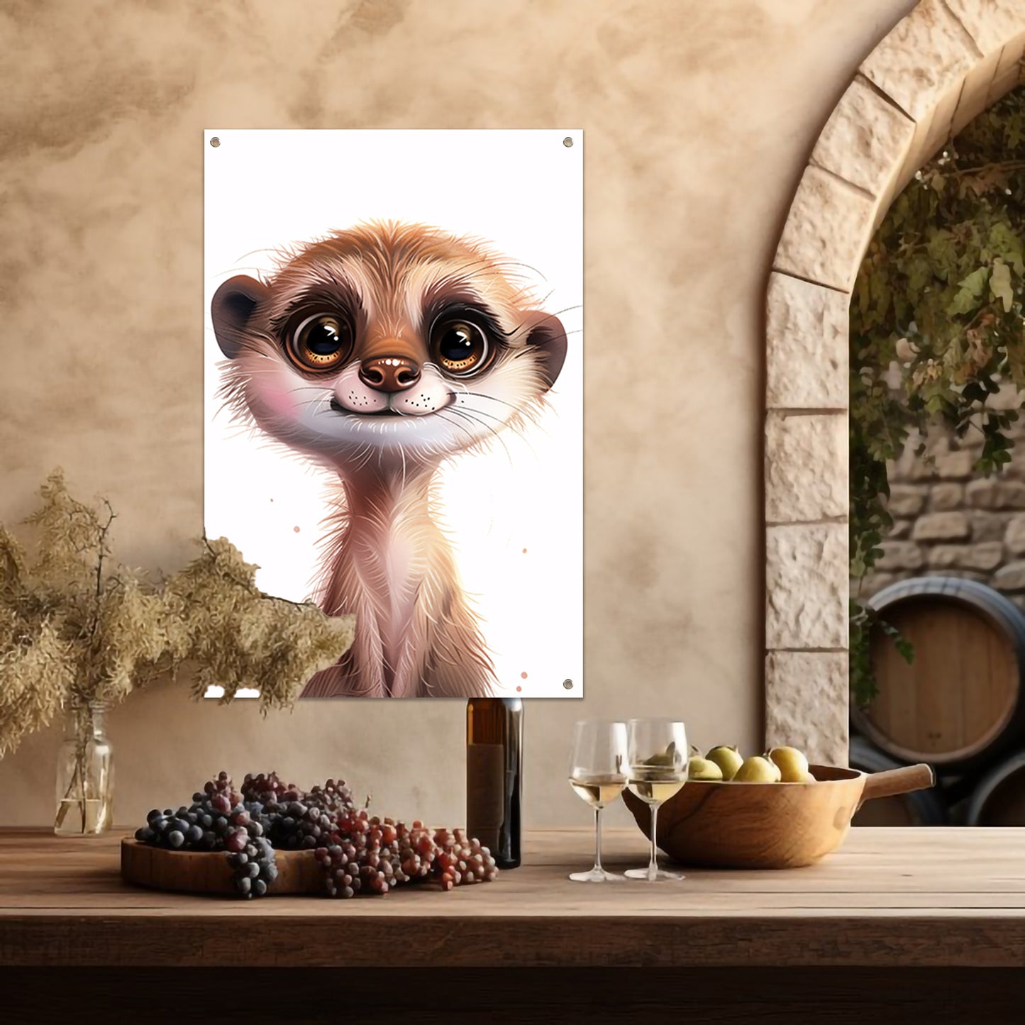 Digitale illustratie van een schattige nieuwsgierige meerkat tuinposter