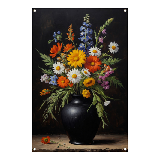 Kleurrijke Wildbloemen in Zwarte Antieke Vaas tuinposter