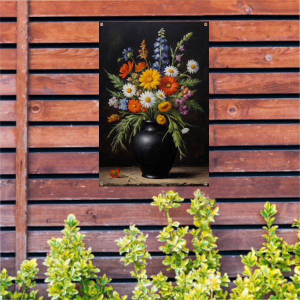 Kleurrijke Wildbloemen in Zwarte Antieke Vaas tuinposter