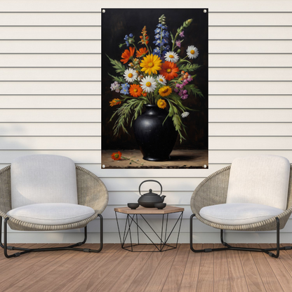 Kleurrijke Wildbloemen in Zwarte Antieke Vaas tuinposter