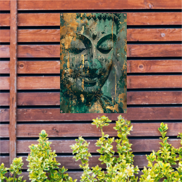 Mysterieuze Boeddha in rustieke kleuren tuinposter