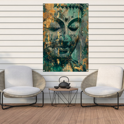 Mysterieuze Boeddha in rustieke kleuren tuinposter