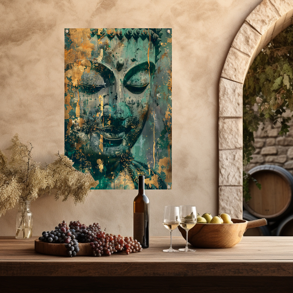 Mysterieuze Boeddha in rustieke kleuren tuinposter