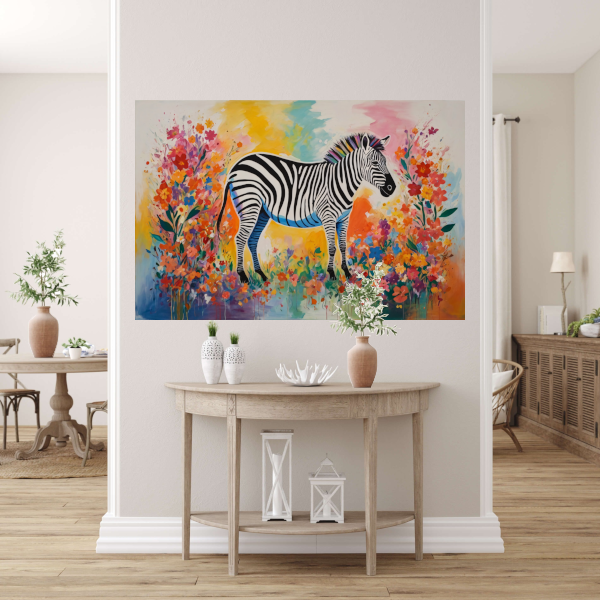 Zebra in Bloeiend Kleurrijk Bloemenparadijs poster