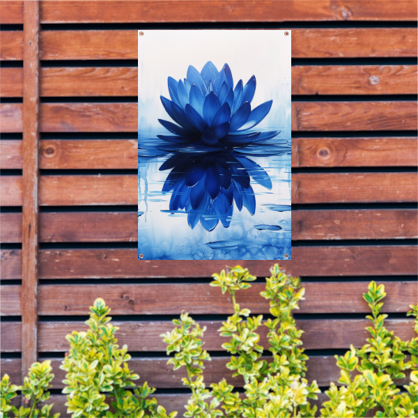 Abstracte blauwe lotusbloem met waterreflectie tuinposter