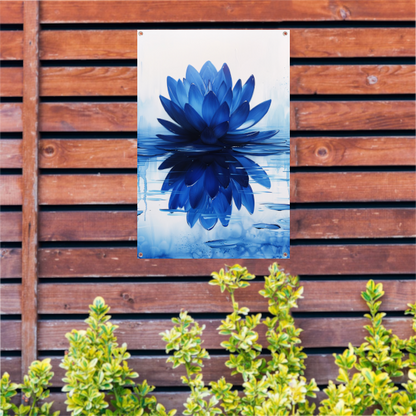 Abstracte blauwe lotusbloem met waterreflectie tuinposter