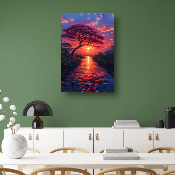 Avondzon kleurt bloesemboom canvas