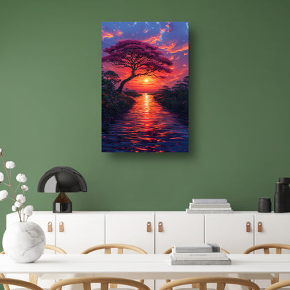 Avondzon kleurt bloesemboom canvas